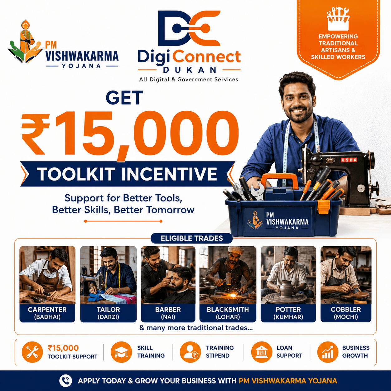 PM Vishwakarma Yojana registration and toolkit incentive assistance